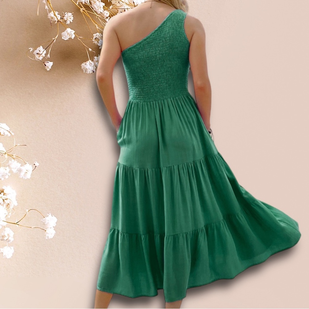 Opt green one shoulder midi cotton summer dress Sz L - Picture 4 of 12